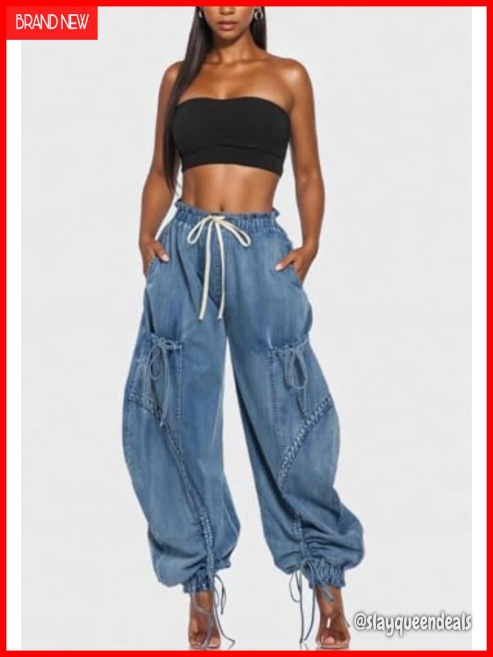 High Waisted Baggy Cargo Jogger Jeans Wide Leg Drawstring Pockets Loose Harem - Picture 2 of 7